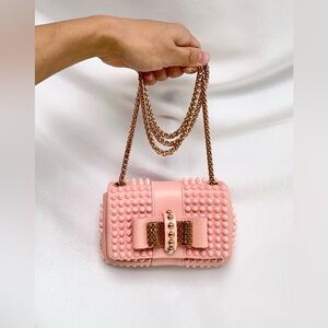 Auth Christian Louboutin Baby Pink Leather Sweet Charity Spiked Crossbody Bag
